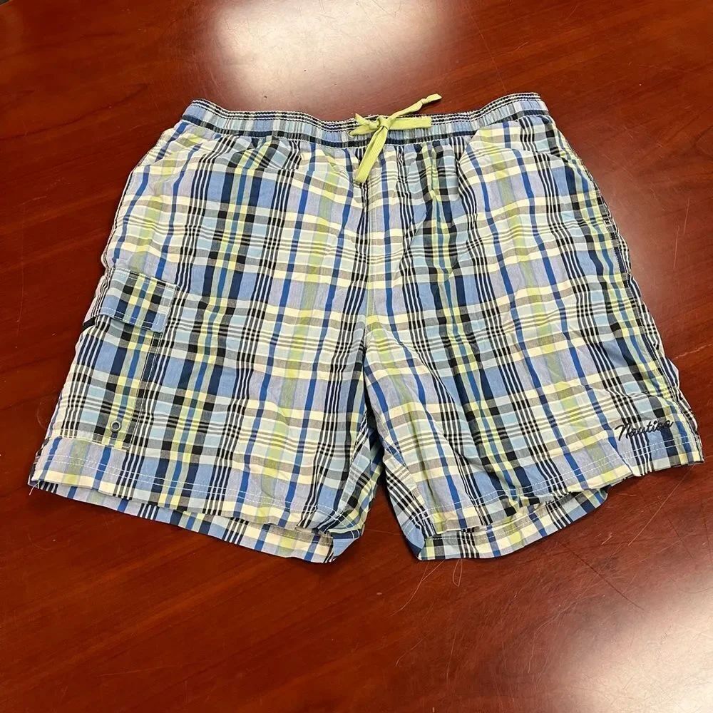 Nautica Blue & Lime Plaid Swim Trunks sz XL EUC